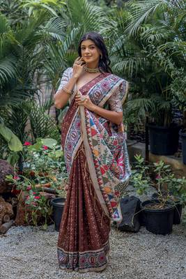  Madhubani Printed Coffee tussar silk blend Saree 3