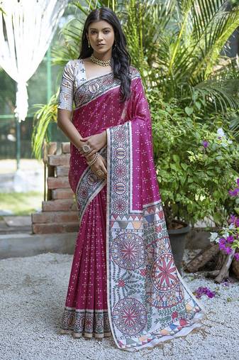 Designer Madhubani Printed Pink tussar silk blend Saree