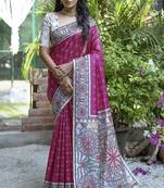  Madhubani Printed Pink tussar silk blend Saree