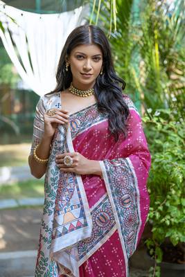  Madhubani Printed Pink tussar silk blend Saree 2