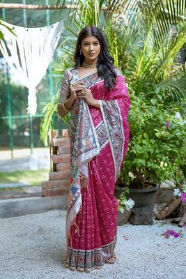  Madhubani Printed Pink tussar silk blend Saree 3