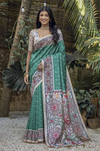 Designer Madhubani Printed Rama tussar silk blend Saree