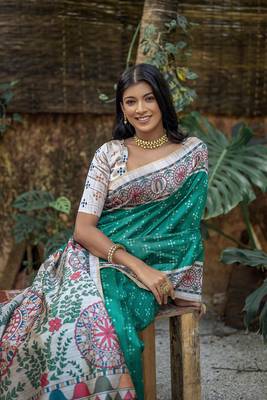  Madhubani Printed Rama tussar silk blend Saree 2