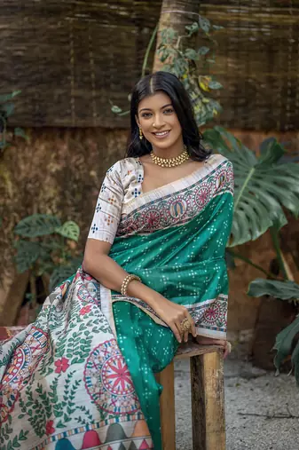  Madhubani Printed Rama tussar silk blend Saree