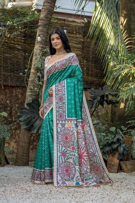  Madhubani Printed Rama tussar silk blend Saree 3