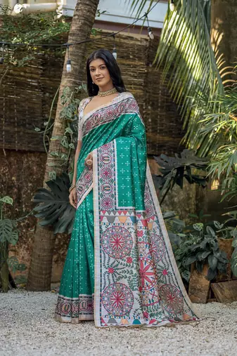  Madhubani Printed Rama tussar silk blend Saree
