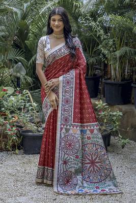  Madhubani Printed Red tussar silk blend Saree 1