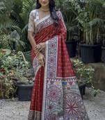  Madhubani Printed Red tussar silk blend Saree
