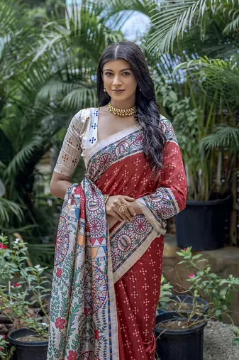  Madhubani Printed Red tussar silk blend Saree