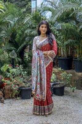  Madhubani Printed Red tussar silk blend Saree 3