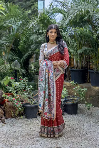  Madhubani Printed Red tussar silk blend Saree