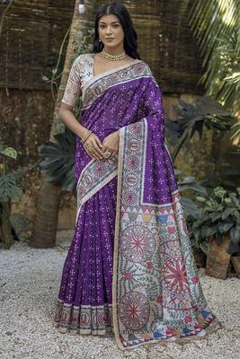  Madhubani Printed Purple tussar silk blend Saree 1