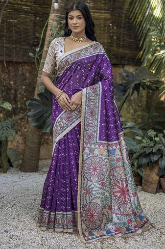Designer Madhubani Printed Purple tussar silk blend Saree