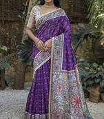  Madhubani Printed Purple tussar silk blend Saree