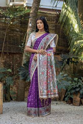  Madhubani Printed Purple tussar silk blend Saree 3