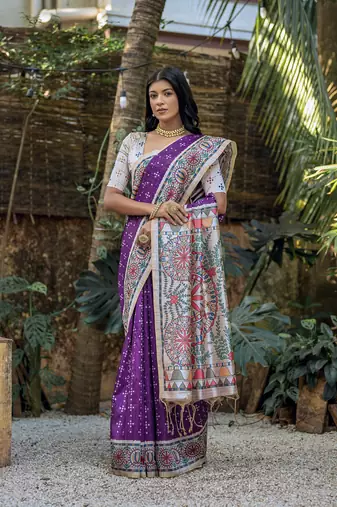  Madhubani Printed Purple tussar silk blend Saree