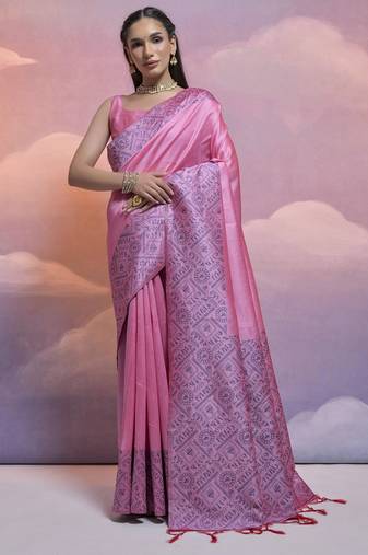Elegant And Ethnic Handloom Silk Blend Baby Pink Zari Woven Partywear Saree
