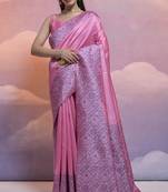 Elegant And Ethnic Handloom Silk Blend Baby Pink Zari Woven Partywear Saree