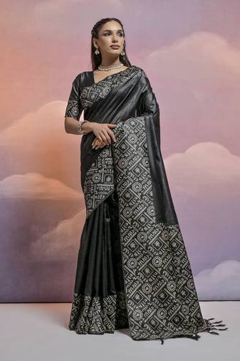 Elegant And Ethnic Handloom Silk Blend Black Zari Woven Partywear Saree