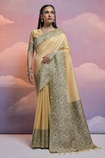 Elegant And Ethnic Handloom Silk Blend Cream Zari Woven Partywear Saree