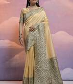 Elegant And Ethnic Handloom Silk Blend Cream Zari Woven Partywear Saree