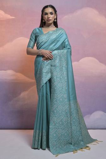 Elegant And Ethnic Handloom Silk Blend Firozi Zari Woven Partywear Saree