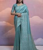Elegant And Ethnic Handloom Silk Blend Firozi Zari Woven Partywear Saree