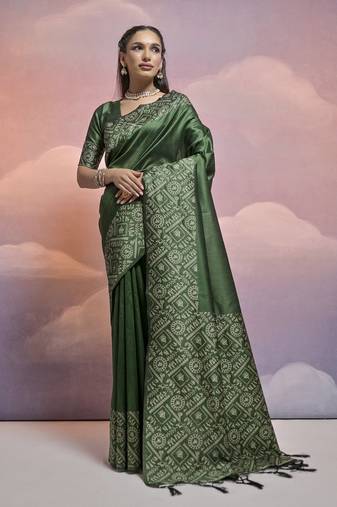 Elegant And Ethnic Handloom Silk Blend Green Zari Woven Partywear Saree