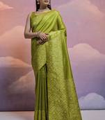 Elegant And Ethnic Handloom Silk Blend Mahendi Zari Woven Partywear Saree