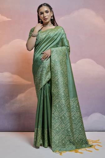 Elegant And Ethnic Handloom Silk Blend Pista Zari Woven Partywear Saree