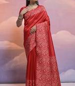  And Ethnic Handloom Silk Blend Red Zari Woven Partywear Saree