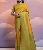  And Ethnic Handloom Silk Blend Yellow Zari Woven Partywear Saree