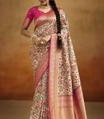 Beige Designer Printed Banarasi silk blend Saree For Ethnic Looks