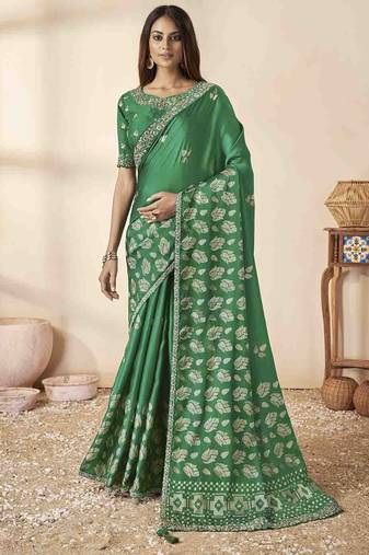 Green Designer Gajji Silk Blend Saree With Smart Print And Embroidery Works