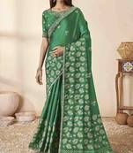 Green Designer Gajji Silk Blend Saree With Smart Print And Embroidery Works