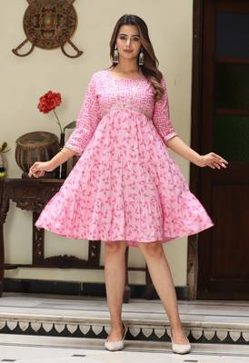 Rayon printed pleated tunic short dress for women (pink) 1
