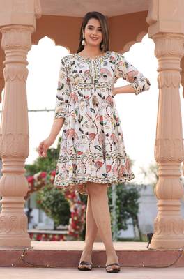 Veera paridhaan rayon printed pleated tunic short dress for women (white) 3