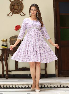 Veera paridhaan rayon printed pleated tunic short dress for women (purple) 1