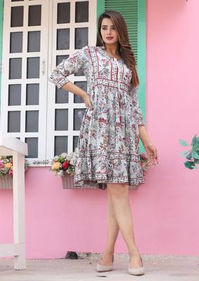 Veera paridhaan rayon printed pleated tunic short dress for women (grey) 1