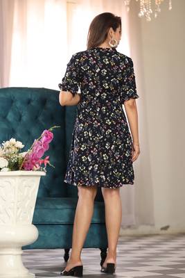 Veera paridhaan rayon floral print pleated tunic short dress for women (black) 5