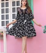 Veera paridhaan rayon printed pleated tunic short dress for women (black)