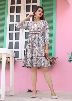 Veera paridhaan rayon printed pleated tunic short dress for women (grey) 3
