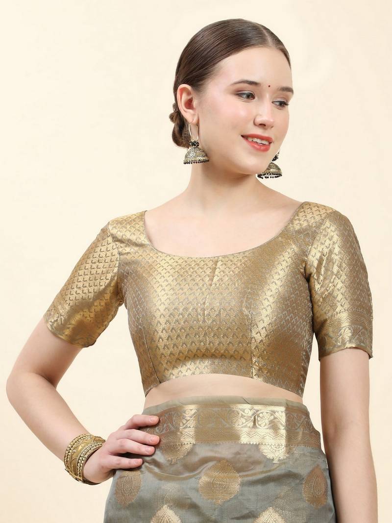 Grey Woven Silk Blend Party Wear Saree With Blouse