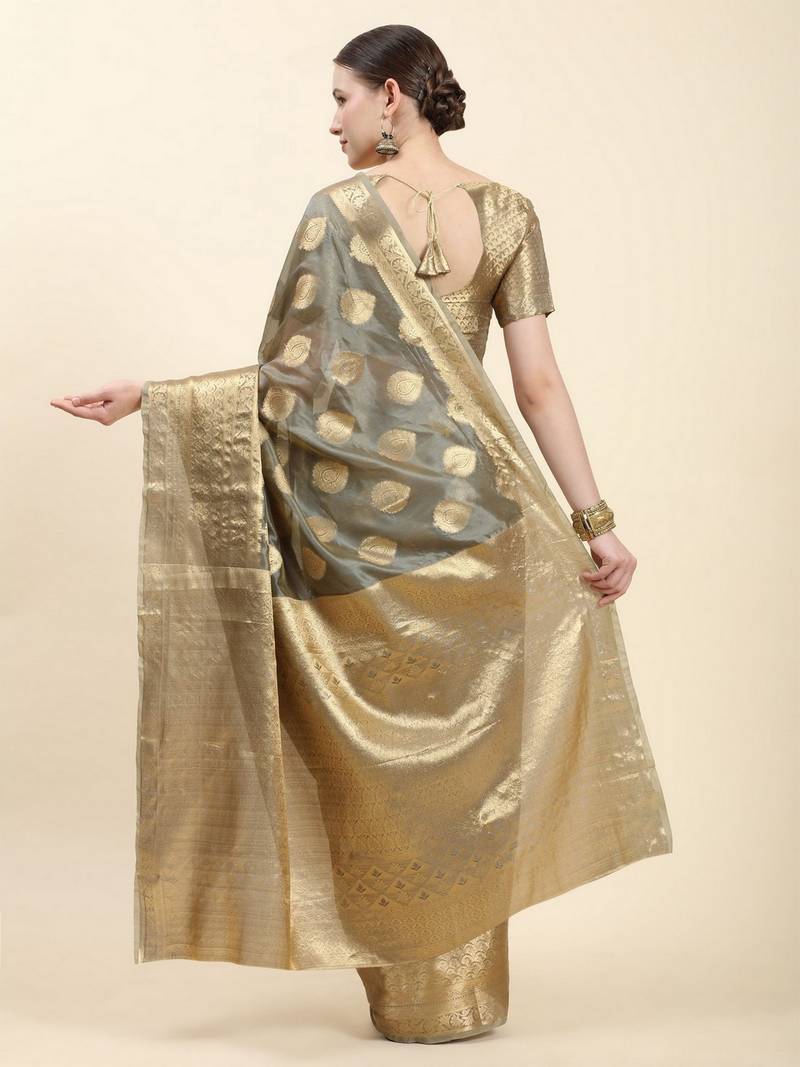 Grey Woven Silk Blend Party Wear Saree With Blouse