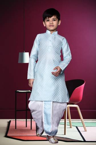 Boy's sky blue printed dhoti kurta