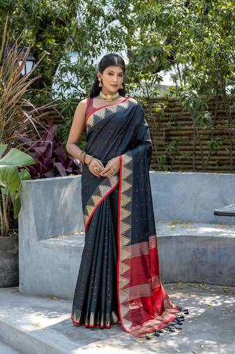 Black Woven Pyramid Designer tussar silk blend Festive Looks Saree