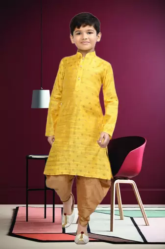 Boy's yellow printed dhoti kurta