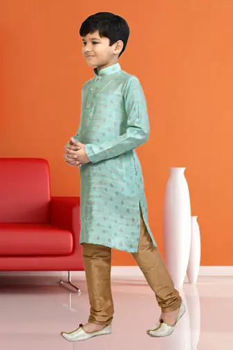Boy's sea green printed kurta pyjama