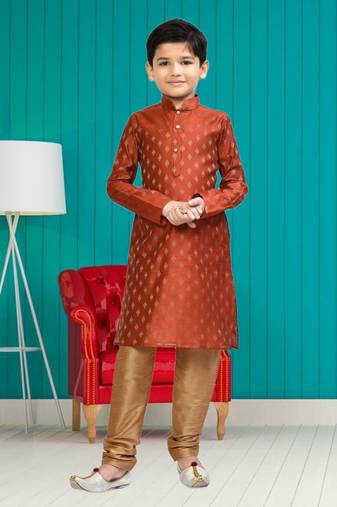 Boy's brown printed  kurta pyjama