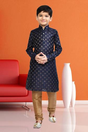 Boy's navy blue printed  kurta pyjama
